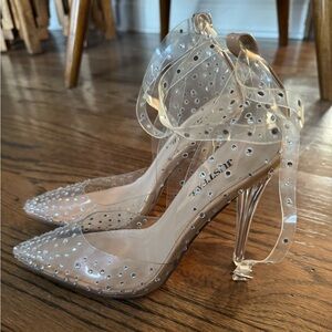 JustFab Mika Clear Rhinestone Pumps Size 7 Pointed Toe Ankle Strap Heel Stiletto